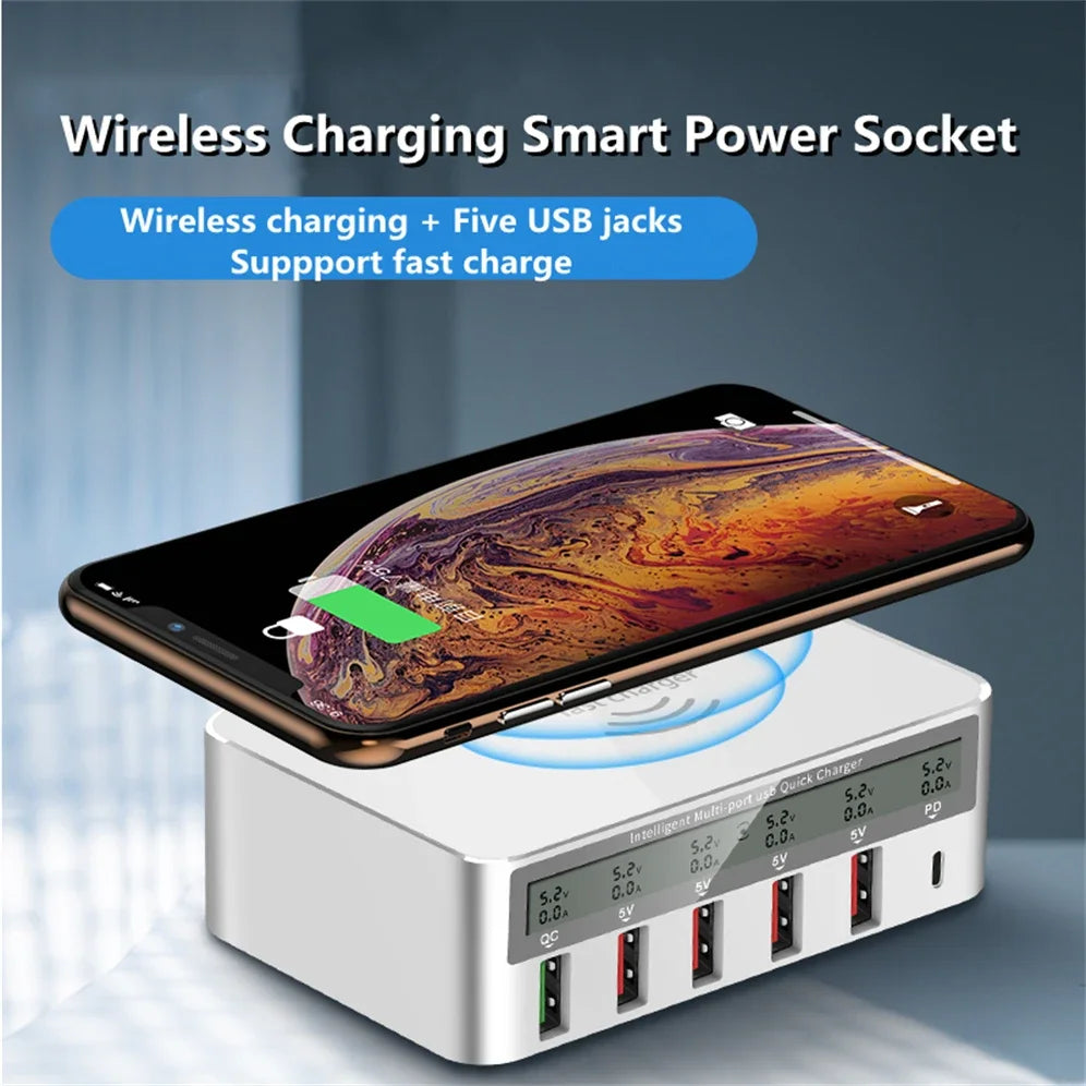50W Fast Charging Station – QC 3.0, PD USB-C & Wireless Charging Hub | Power Up Your Devices