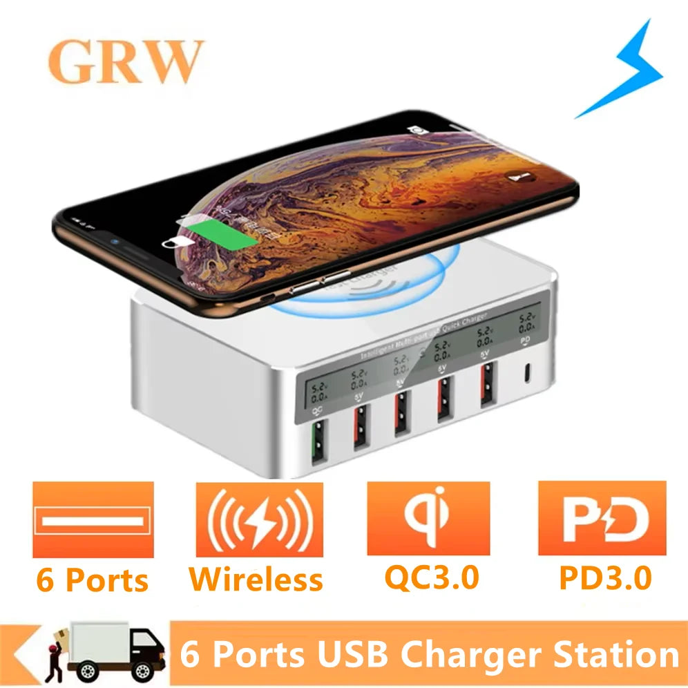 50W Fast Charging Station – QC 3.0, PD USB-C & Wireless Charging Hub | Power Up Your Devices