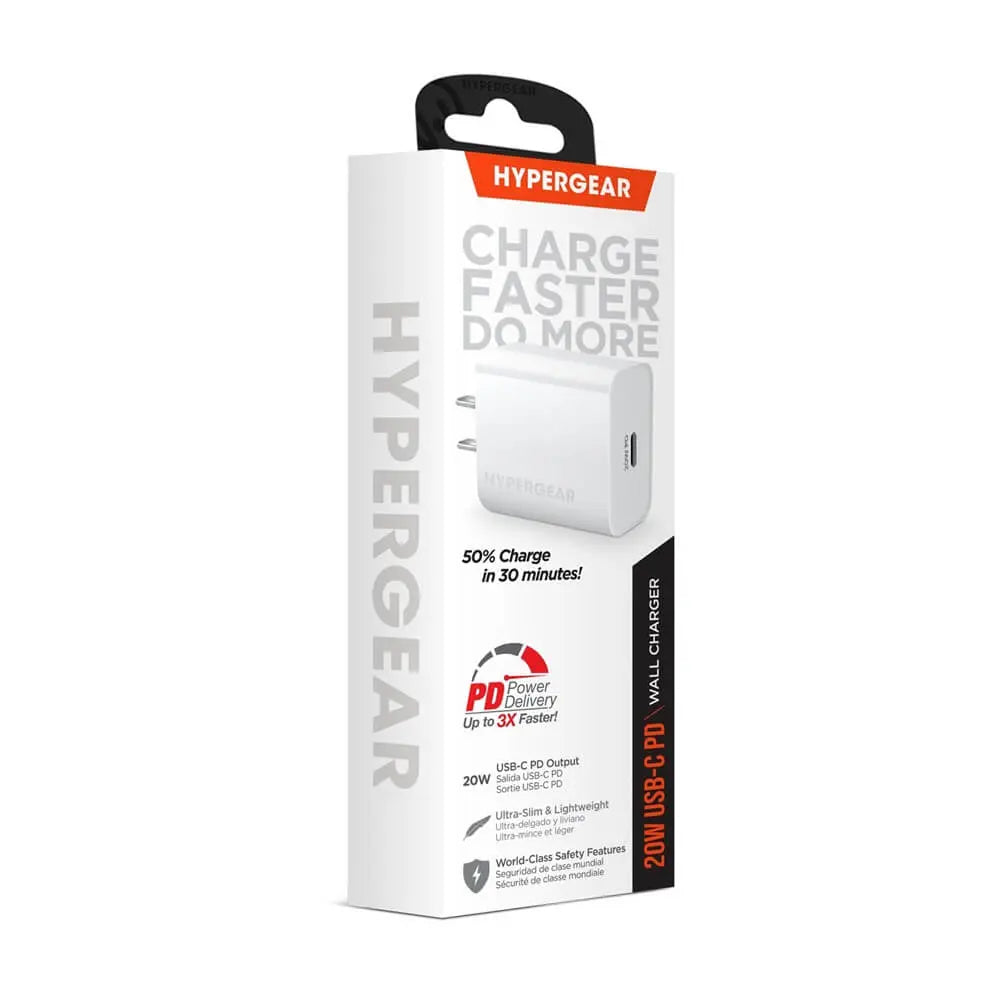 Hypergear wall charger, white with USB-C PD, 20W in packaging front view
