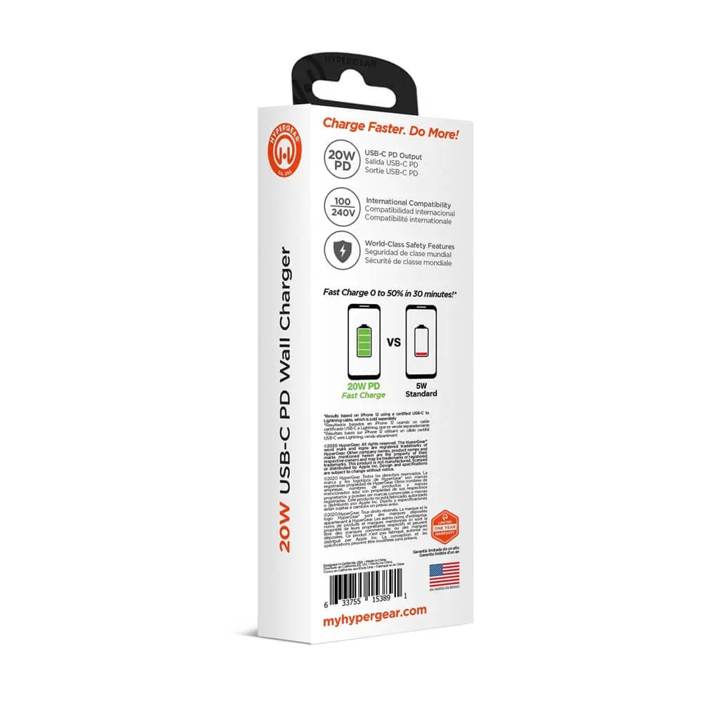 Hypergear wall charger, white with USB-C PD, 20W in packaging rear view