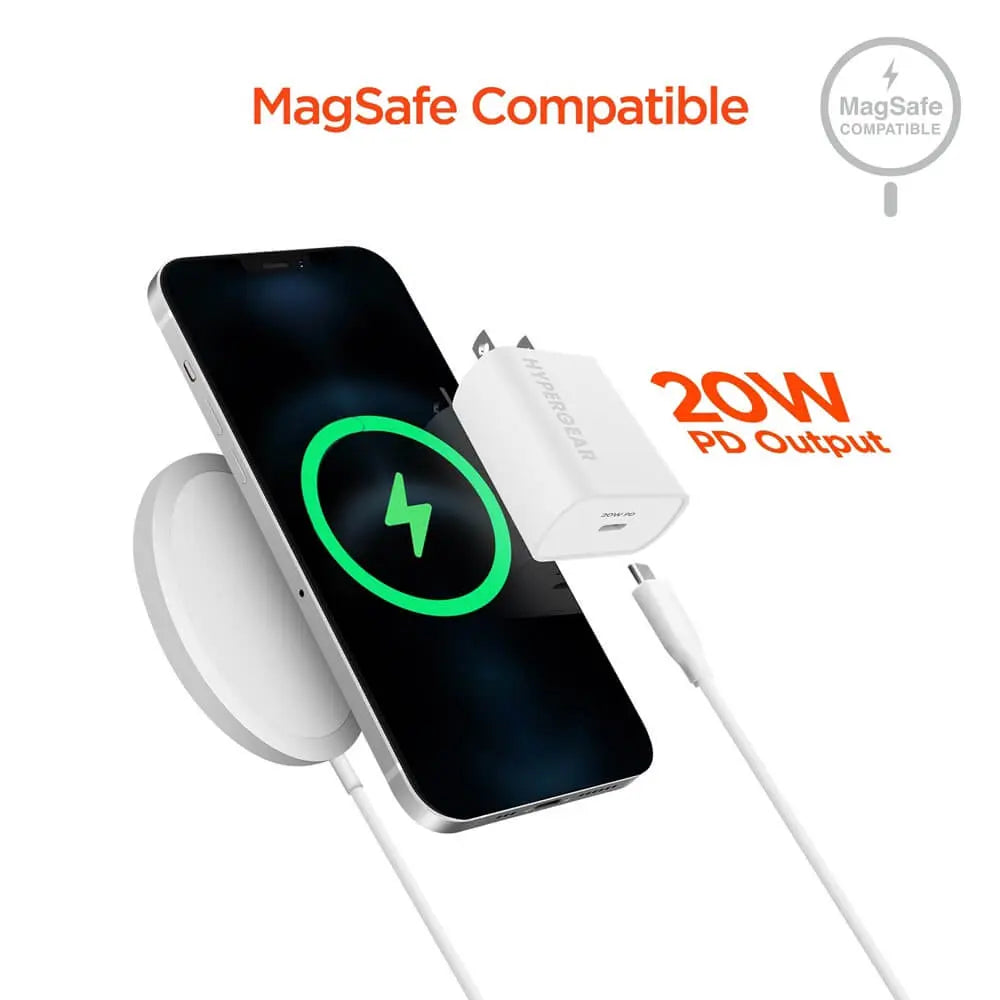 Hypergear wall charger, white with USB-C PD, 20W shown with a MagSafe charger