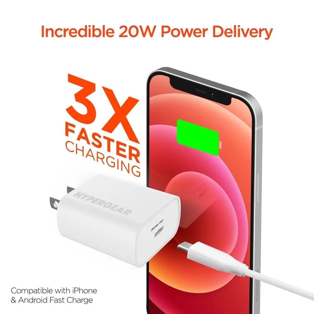Hypergear wall charger, white with USB-C PD, 20W shown with phone with 3x faster text