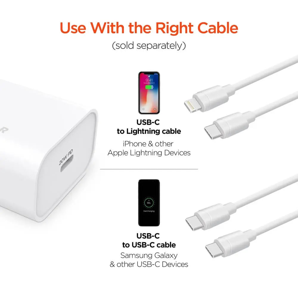 Hypergear wall charger, white with USB-C PD, 20W shown with Apple phone and Android phone with cables for each device