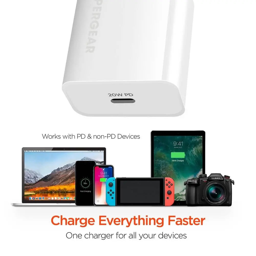 Hypergear wall charger, white with USB-C PD, 20W USB PD port shown stating that it works with PD and non PD devices